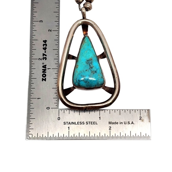 Native American Signed MB Silver Bead Necklace Large Turquoise Pendant #13373 - Picture 8 of 9